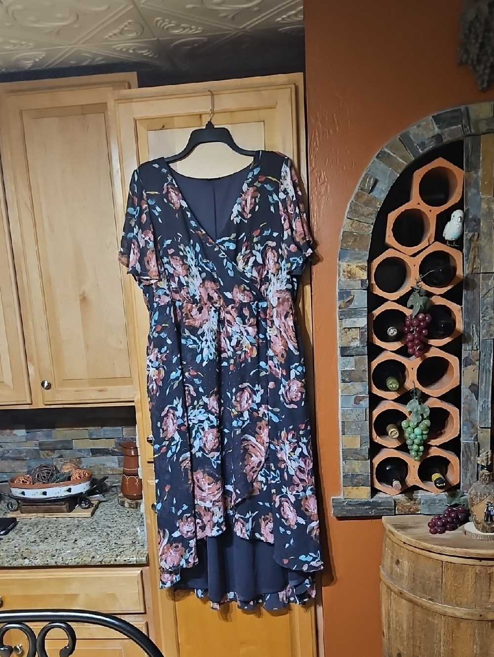 Torrid Faux Wrap Dress Midi Swiss Dot Floral Dark Grey V-Neck Pockets